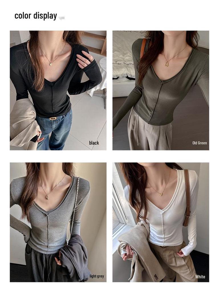 Premium Rolled-Edge V-Neck Slimming Long Sleeve Top for Women - Autumn/Winter
