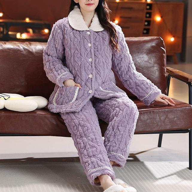 Süße warme wattierte Baumwolle kann draußen getragen werden dreilagiger Pyjama Damen Winter Loungewear verdickt saisonal große Größe