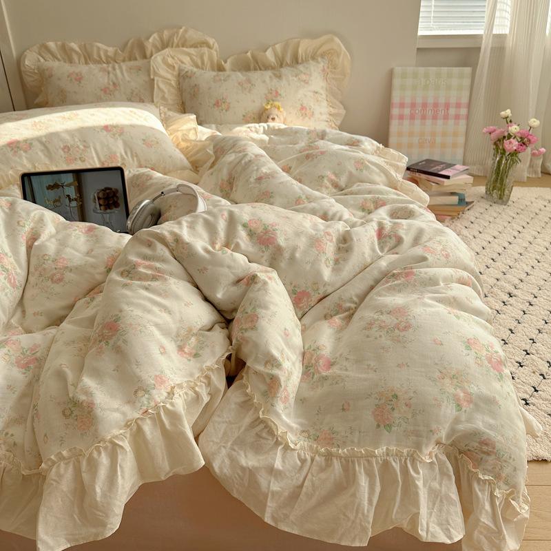 Cotton Double-Layer Yarn 4Pcs Set, Small Lotus Leaf Edge, Fresh Pure Cotton Gauze Quilt Cover, Bed Sheet