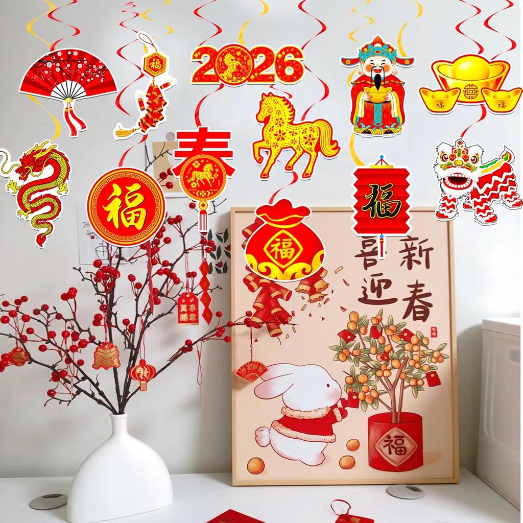 Happy Chinese New Year Hanging Swirls 2026 Chinese New Year Party Decoration Year of The Horse Themed Ceiling Swirls Spring Festival Hanging