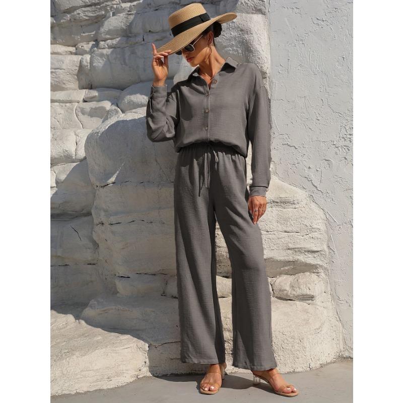 Women's Fashion Solid Color Collar Button Long Sleeve Top Elastic Waist Straight Pants Casual Set
