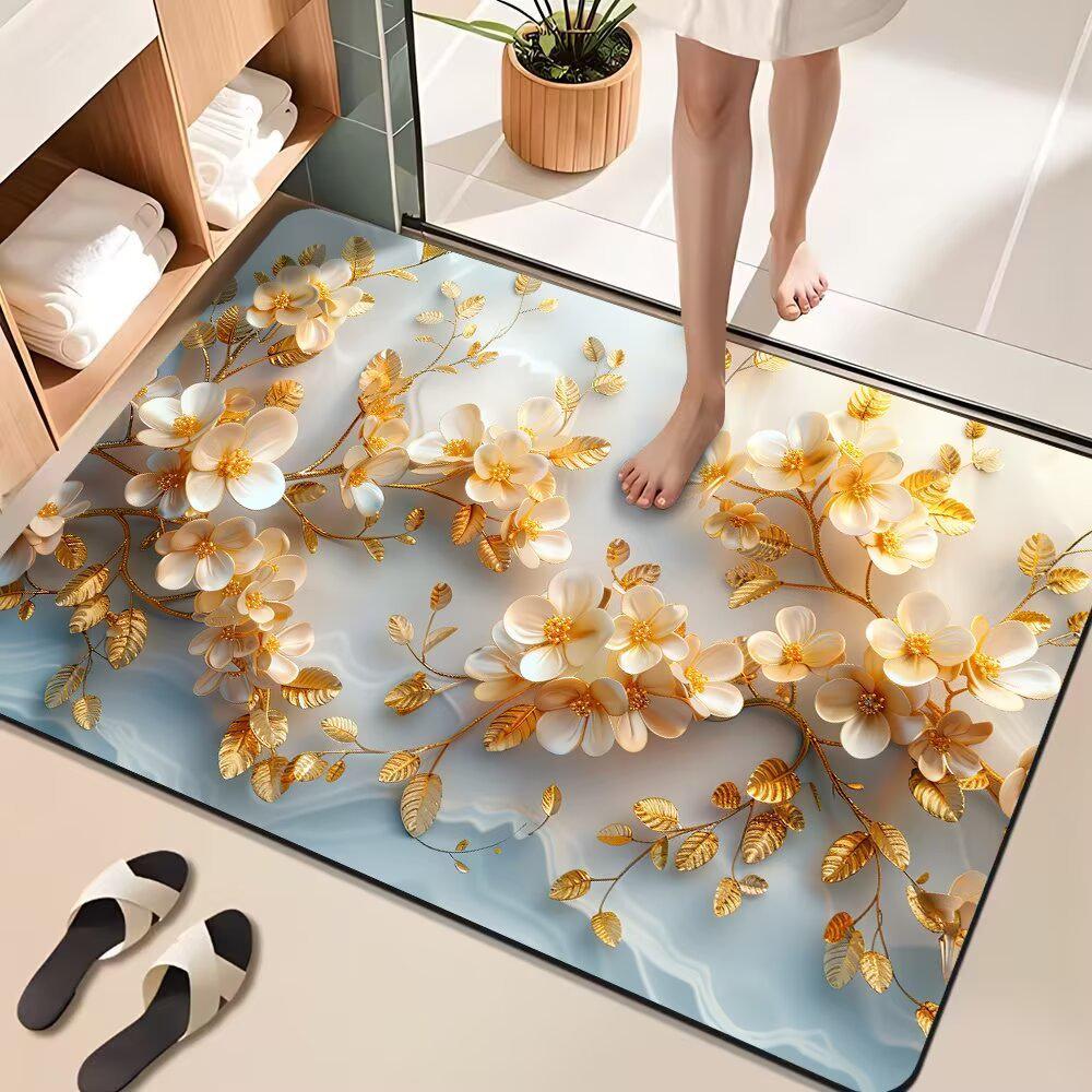 3D Floral Diatomaceous Earth Bath Mat - Absorbent, Quick-Dry, Stain & Wear Resistant Doormat