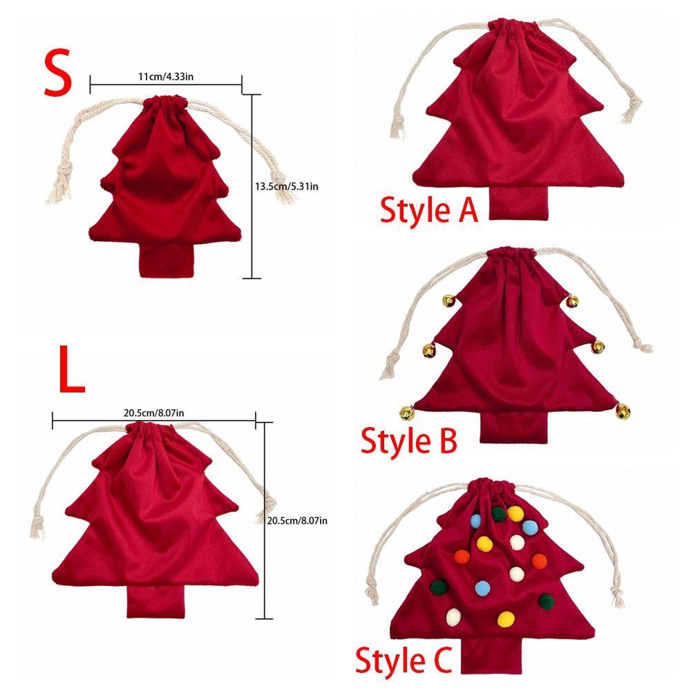 Velvet Christmas Tree Gift Bags Colorful Pom Pom Metal Bell Xmas Tree Hanging Pouch Soft Touch Tree Shaped