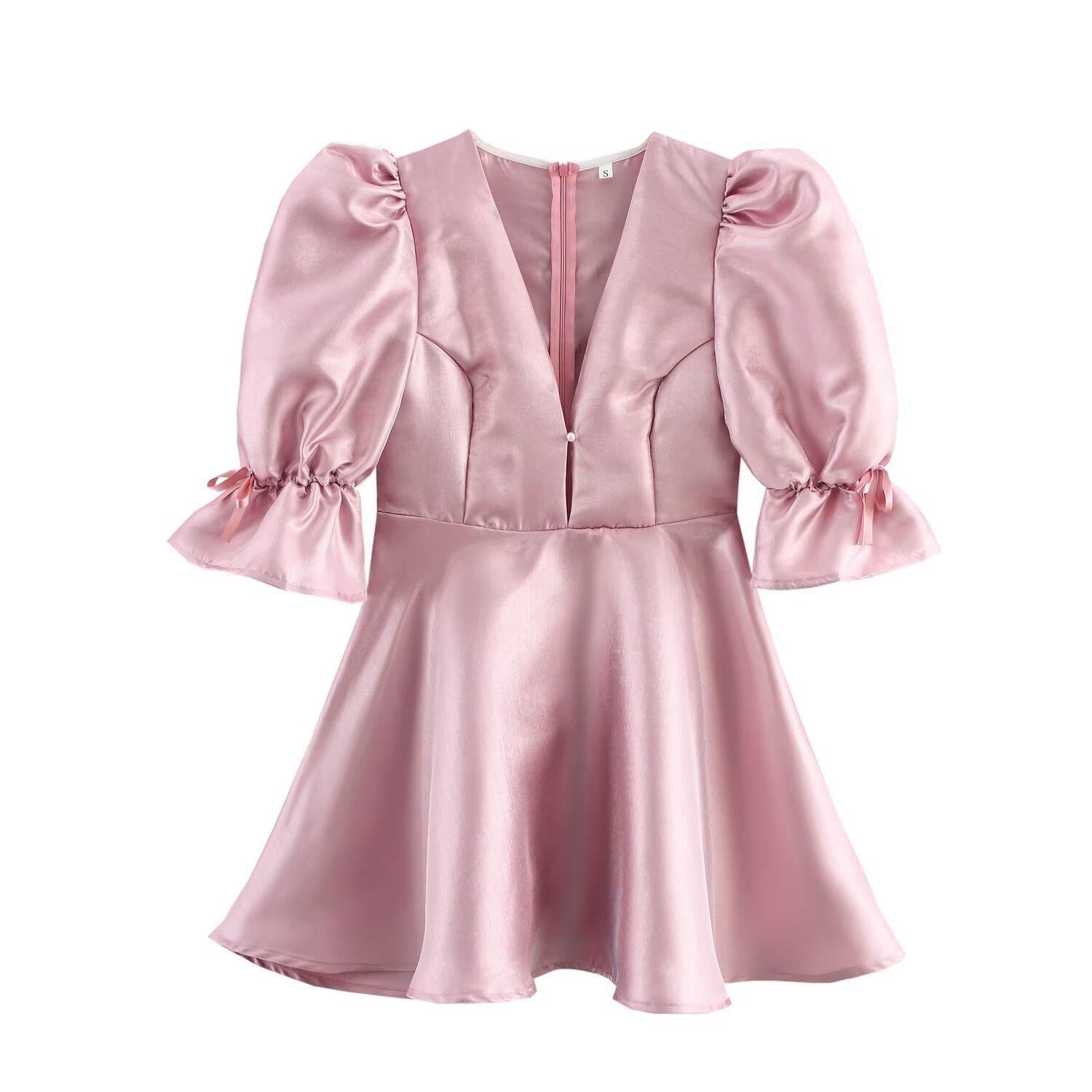 

Весна 2025 Женское платье в европейском и американском стиле из атласа с V-образным вырезом и рукавами-буфами M розовый