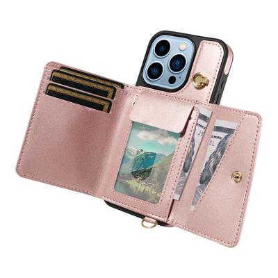 For iPhone 13 Pro Max Crossbody Phone Case Card Holder Kickstand Leather Coated TPU Mobile Cover