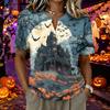 Women's Short Sleeve Henley Shirt Cotton Linen Blend Halloween Spider Web Graphic Button Neck Top Casual Blouse