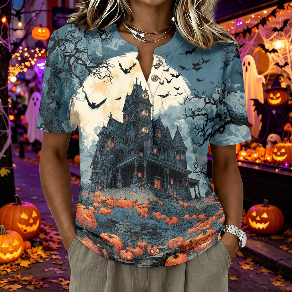 Women's Short Sleeve Henley Shirt Cotton Linen Blend Halloween Spider Web Graphic Button Neck Top Casual Blouse