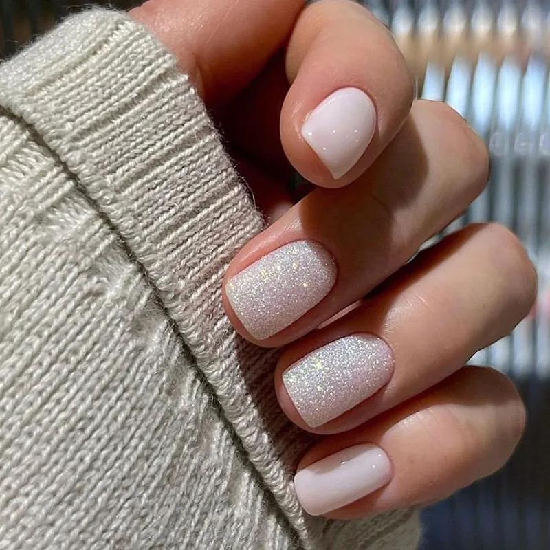 24Pcs Pink Sweet Short Fake Nails Pure White French Acrylic Press On False Nails Removable Nail Art Tips