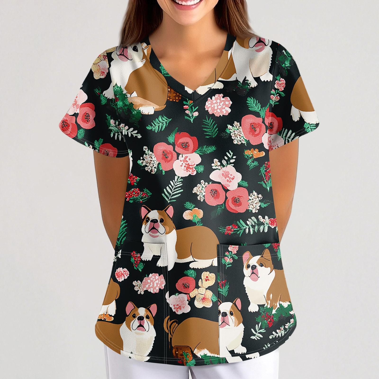 

Плюс размерСкраб с принтом Рабочая форма Топы для женщин Крест V-образным вырезом Хэллоуин Принт с короткими рукавами Забавные футболки Спецодежда Футболка с карманами L коричневый