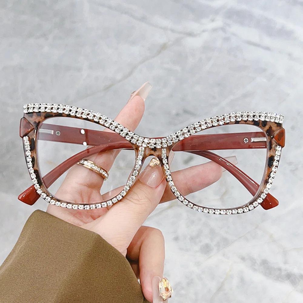 Men Women Cat Eye Reading Glasses Retro Large Frame Diamond Inlaid Presbyopia Glasses Oversized Anti-Blue Light Glasses