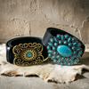 Western Belt Retro Turquoise Design Distressed Silver Buckle Faux Leather Wide Navajo Ethnic Style