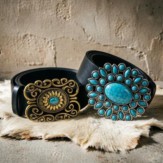 Western Belt Retro Turquoise Design Distressed Silver Buckle Faux Leather Wide Navajo Ethnic Style