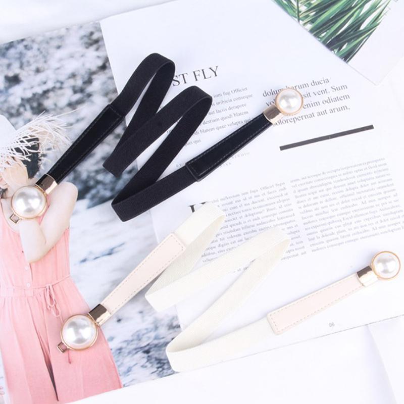 Creative Pearl Buckle Belt Pu Leather Dress Skirt Waist Elastic Thin Women Belts Ladies Waistband