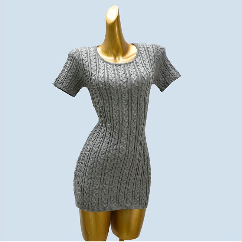 

Preppy New Chic Fashion Spring Summer Short sleeve Twist Knitted Waist Hugging Slimming Solid Dress Short dress Gray (send small Bows) One size