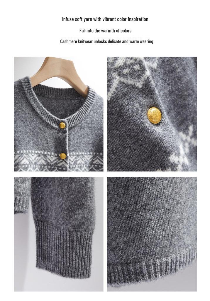 Women's Cashmere Retro Jacquard Cardigan: Loose Fit, Round Neck, Long Sleeve Sweater for Autumn/Winter.