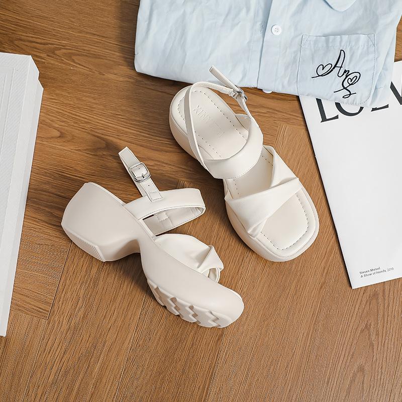 Thick-soled One-word Sandals Female Open-toe Soft-soled 2025 Summer New Fairy Style Versatile High-heeled Roman Muffin Shoes