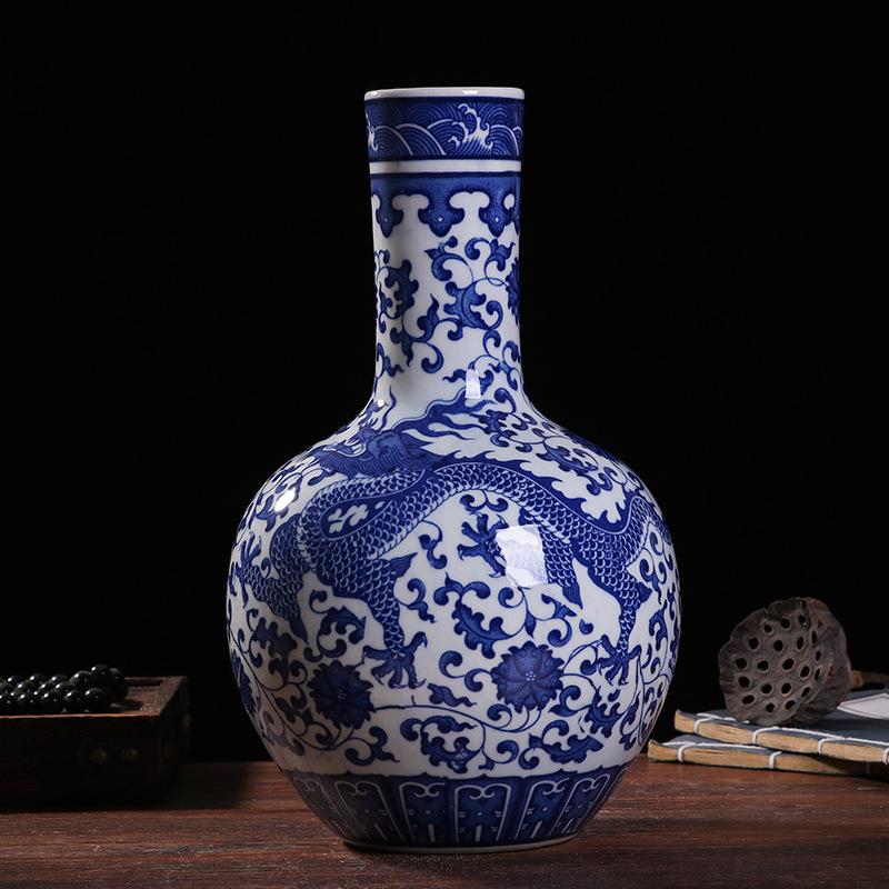 33cm/Jingdezhen Ceramic Vase Chinese Blue and White Porcelain Antique Living Room Home Flower Arrangement Vase Home Decoration O
