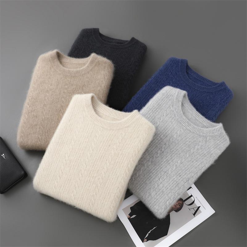 Men's 100% Wool Round Neck Sweater, Thickened Knit Pullover, Autumn/Winter Cashmere Base Layer Top