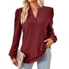 V-neck Long Sleeve T-shirt Women Loose Top Solid Jacquard Splice Design
