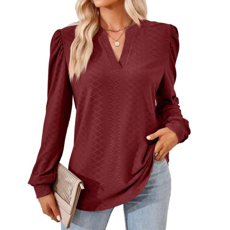V-neck Long Sleeve T-shirt Women Loose Top Solid Jacquard Splice Design