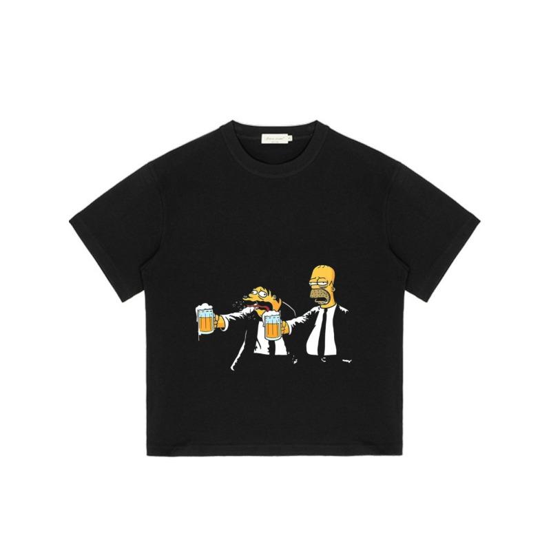Oversized T-skjorte Svart Homer Simpson og Moe Drikker Øl Tegneserieprint Casual Streetwear for Menn og Kvinner