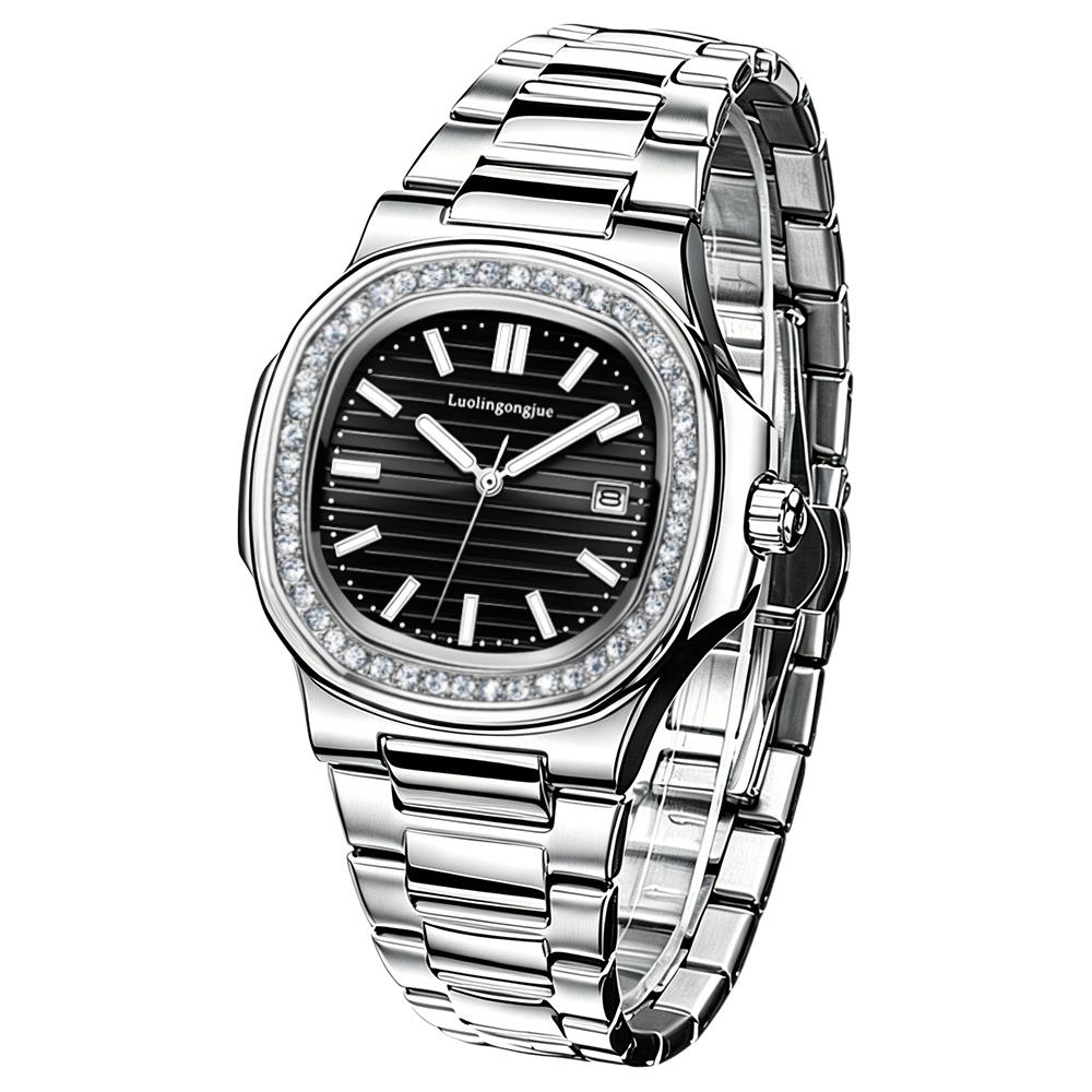 

Automatic Mechanical Watches Waterproof Bezel with Rhinestones Fashionable for Men Calendar Wrist Watch Steel Strap чорний