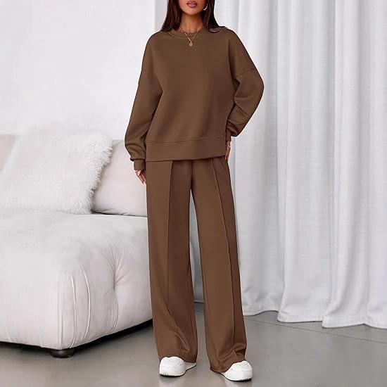 Women's Crew Neck Long Sleeve Loose Fit Sweatshirt and Elastic Waist Wide Leg Pants Two Piece Tracksuit