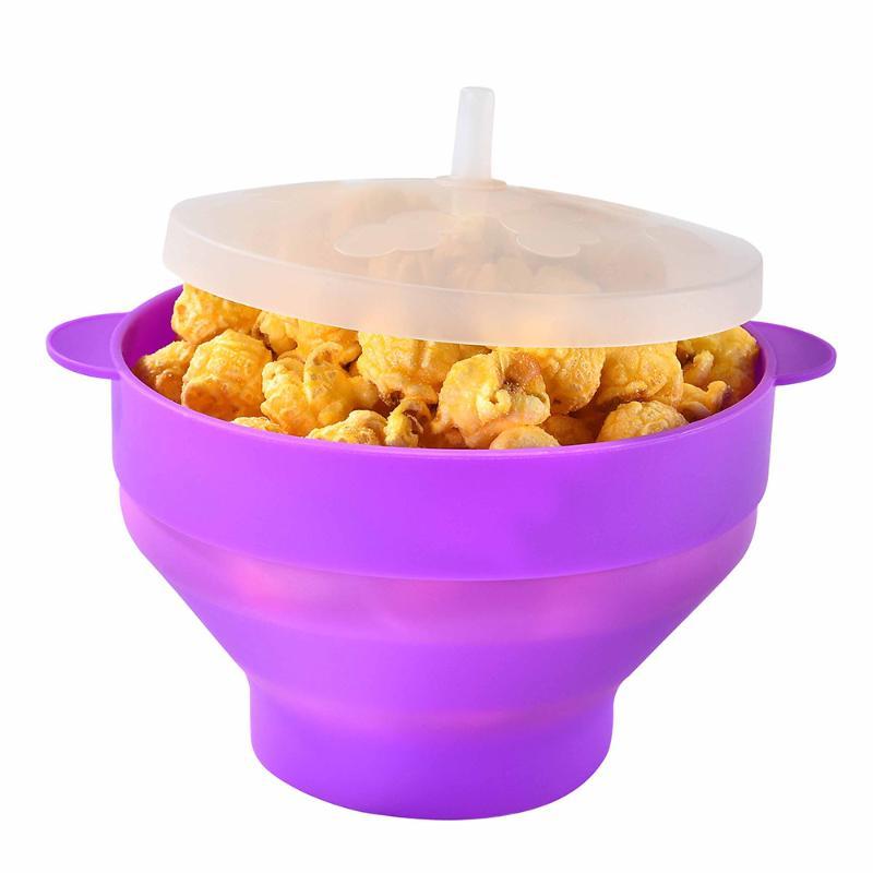 Collapsible Silicone Microwave Popcorn Maker Non-Toxic Popper Bowl with Lid for Family Weekend Movie Time