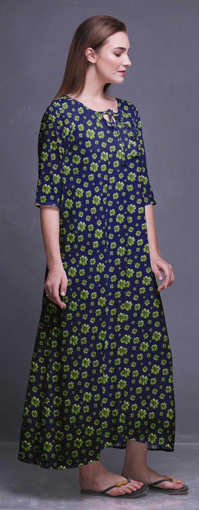 Bimba Dark Rose Brown Floral Leaves & Camellia Kanjiro Printed Nightgowns Maxi Sleepwear For Women Long Sleep Dress