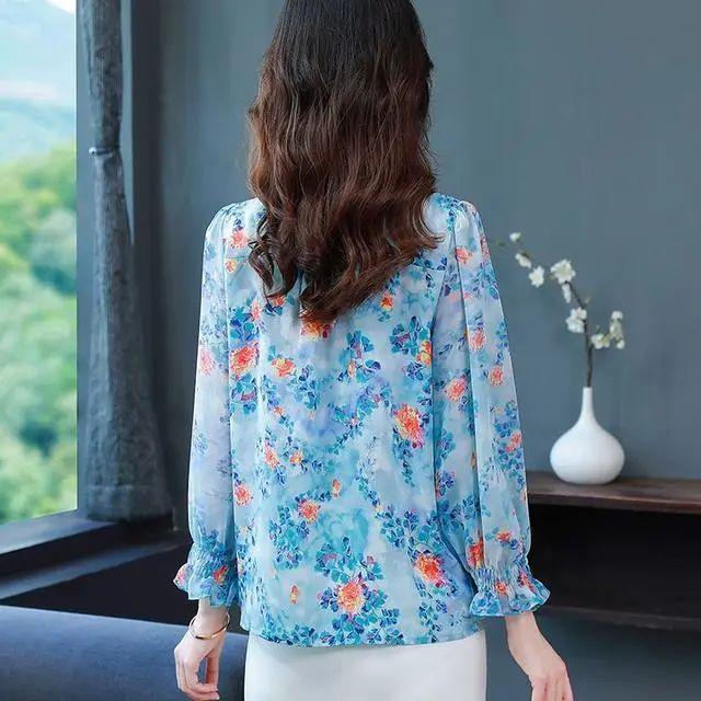 Fashionable Printed Lantern Sleeves Chiffon Shirt Loose Top