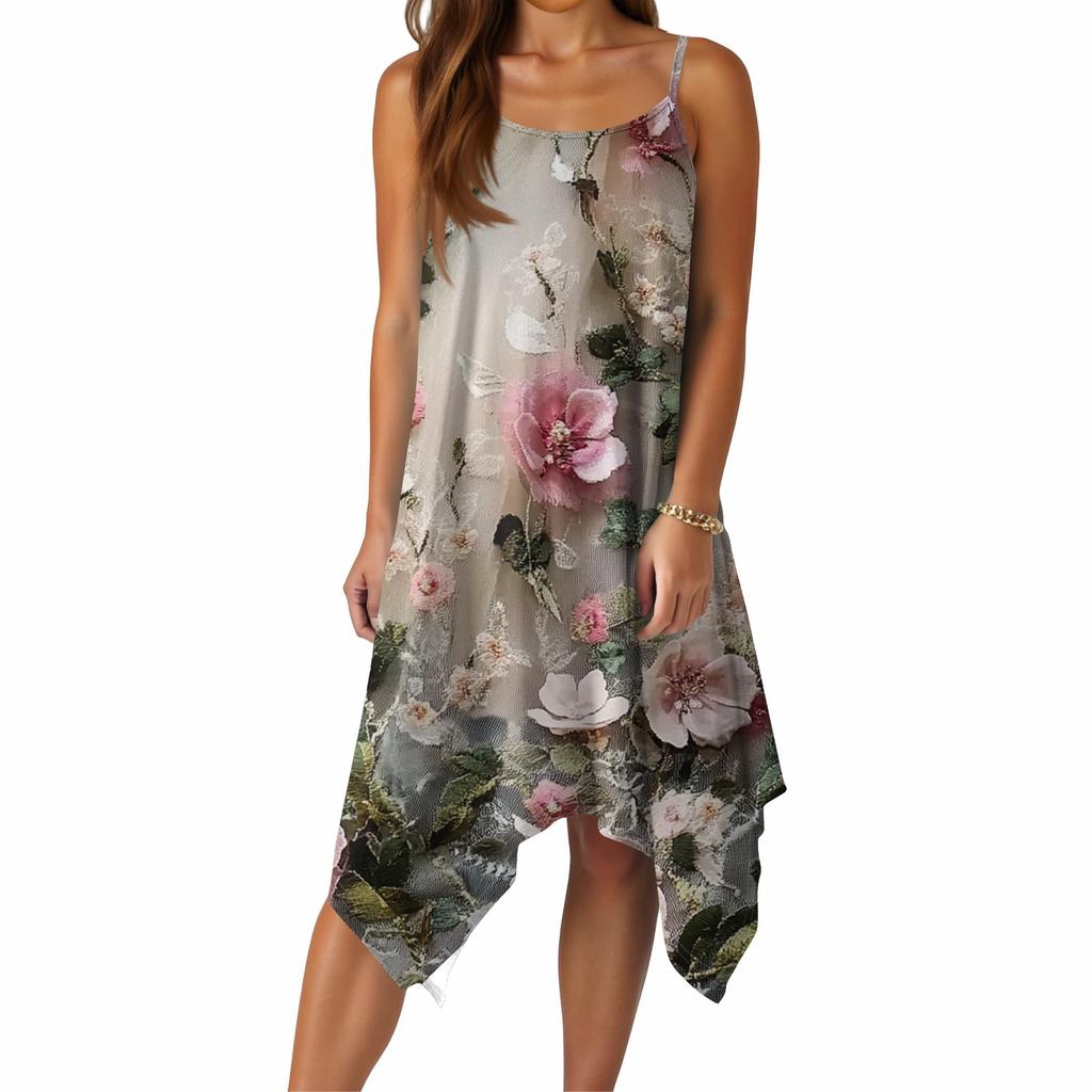 Damen Sommer Casual Vintage Blumenmuster Rundhals Verstellbares Trägerkleid mit Taschen