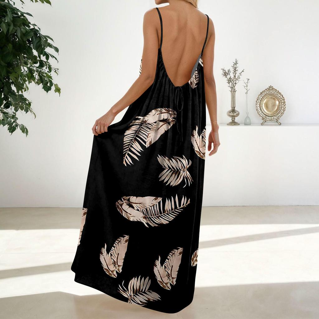 Women's Fashion Backless Spaghetti Strap Casual Loose-Fit Vintage Print Dress