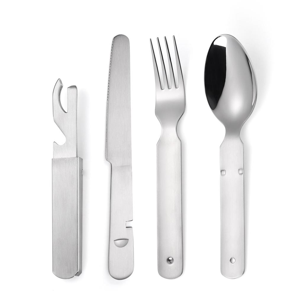 Stainless Steel Outdoor Tableware Set  Portable and Foldable Combination Western Food Knife Fork Spoon Multi-functional Bottle Opener for Travel