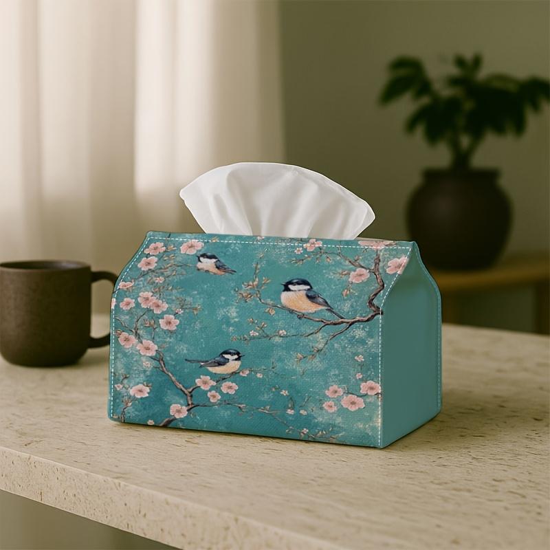 1pc Oriental Romantic Botanical Tissue Box - Bird Blossom Teal, Office, Parties, Car for Living Room, Kitchen, Events - Decorative Desk Decor, Home Or