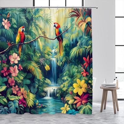 Dschungel Papagei Duschvorhang Tropischer Vogel Wald Wasserfall Grüne Blätter Regenwald Natur Pflanze Blume Badezimmer Vorhänge Dekor
