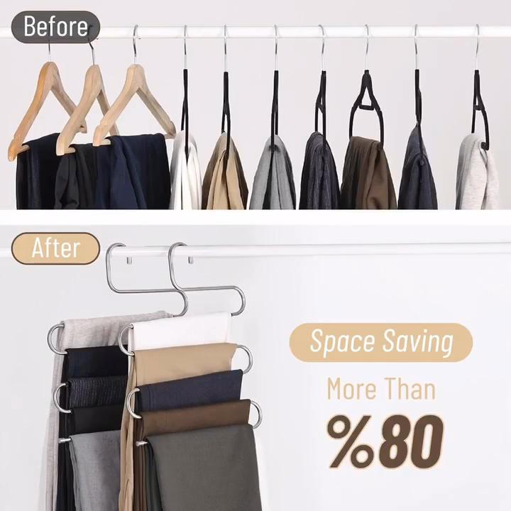 5-Tier Stainless Steel Pants Hanger – S-Shaped, Non-Slip, No-Mark Multi-Layer Organizer for Closet Storage, Ideal for Jeans & Trousers, Space-Saving