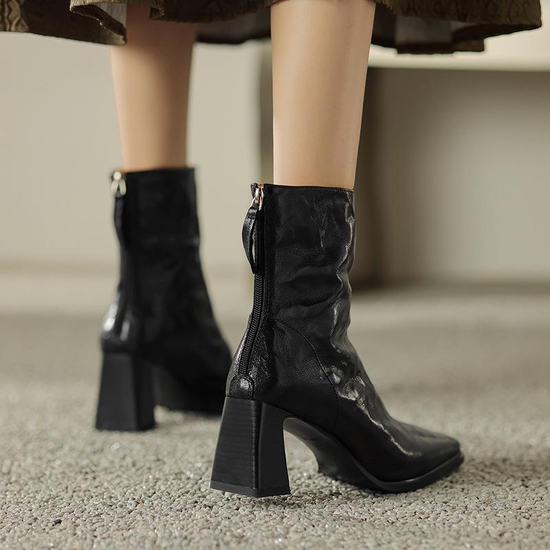 Black Zipper Hand Grab Women's Autumn and Winter Coarse Heel High Heel Boots
