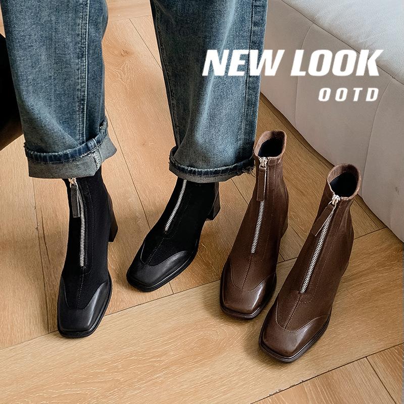 New Women's Round Head Martin Boots Zipper Solid Color Large Size Boots Rubber Soft Sole Casual Women's Leather Boots Low Boots