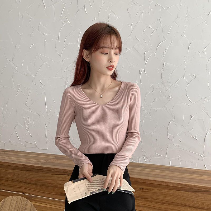 

Изысканная женская модная трикотажная блузка с V-образным вырезом, идеально подходящая в качестве облегающего однотонного базового свитера на осень с длинными рукавами, удобная для ношения XL