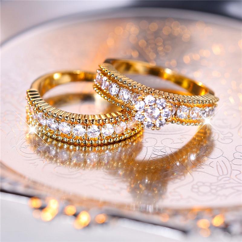 Luxury Female White Round Ring Set Trendy Yellow Gold Color Engagement Bride Wedding Jewelry Gift For Women
