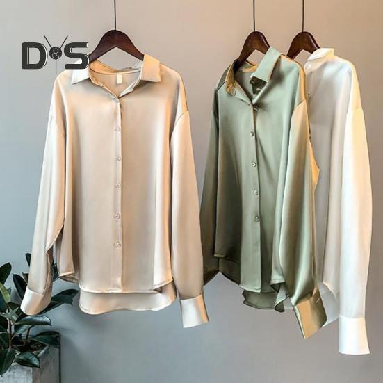 Damen-Hemd mit Revers, langärmelig, einreihig, Oberteile, einfarbig, glatter Satin, lockere Passform, vielseitiges Hemd