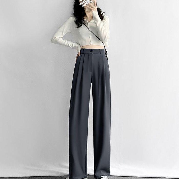 Gray High-Waisted Wide-Leg Pants for Women - Spring Plus Size, Drapey Straight Casual Suit