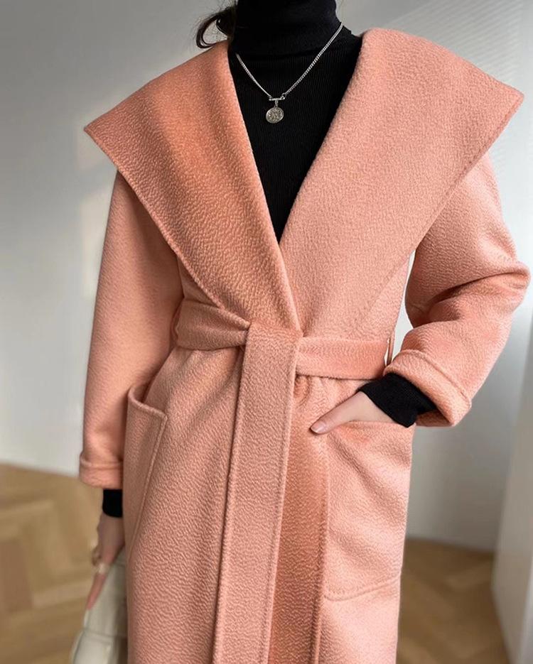 

Water ripple double-sided woolen coat wool loose bathrobe long women s coat double-sided nylon casual versatile S рожевий