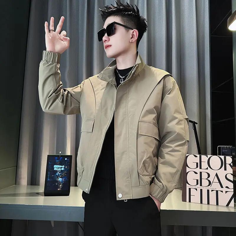 

Korean Slim Fit Patchwork Jacket for Men - Spring/Autumn Stand Collar Casual Top 3XL хакі