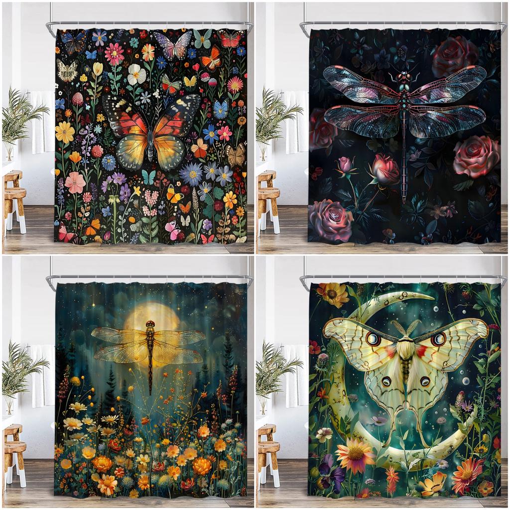 Vintage Butterfly Floral Shower Curtain Dragonfly Flower Moon Plant Skull Witch Magic Bath Curtain Retro Bathtub Decor with Hook