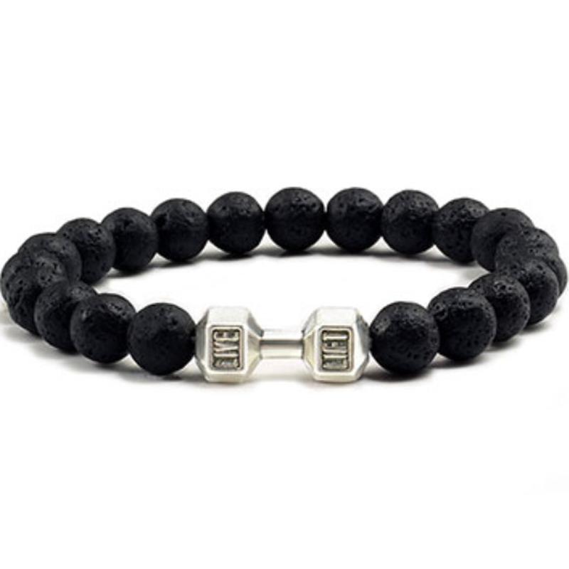 Hot Selling Vintage Men's Bangle Natural Stone Bead Dumbbell Pendant Elastic Strand Bracelet for Friend's Gift