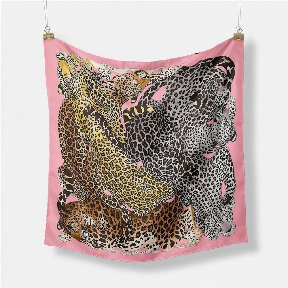 

53cm European Leopard Print Small Square Scarf Hot All Matched Twill Silk Foulard Hijabs For Women 53x53cm