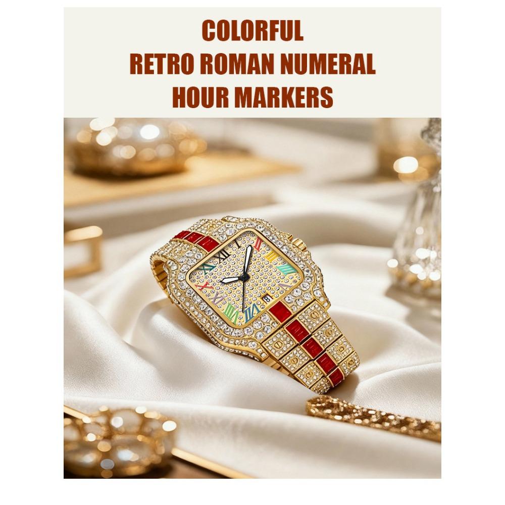 Hip Hop Iced Square Quartz Watch for Men Full Diamond Calendar Luxury Watch