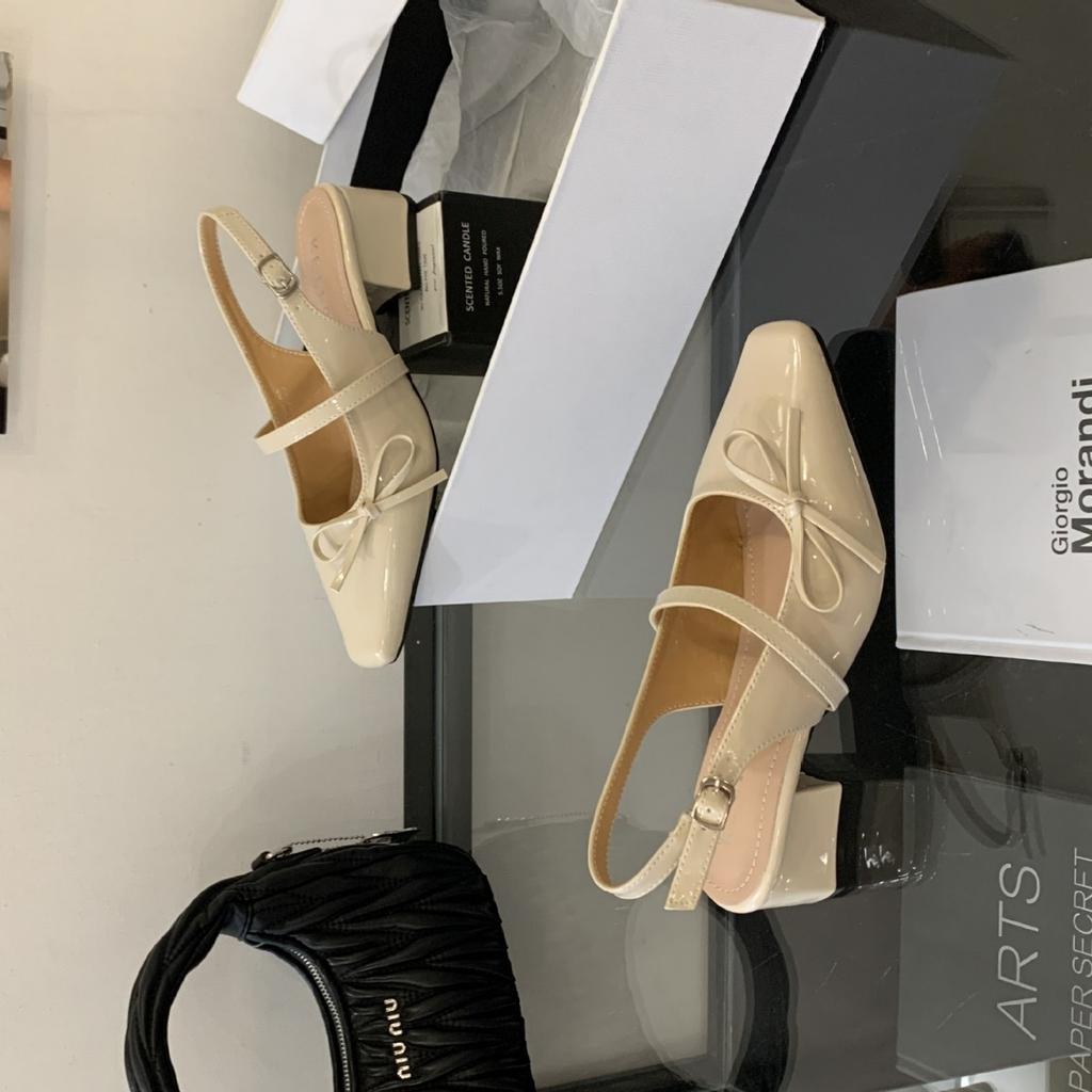 2025 New Autumn Square Head Back Empty Bow Thick Heel Shallow Mouth Versatile OL Commuter Professional Women's Single Shoes