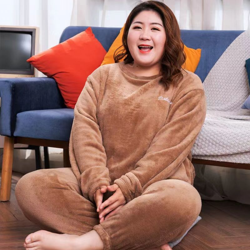 Autumn and Winter Women's Plus Size Loungewear Thick Warm Coral Fleece Pajama Set